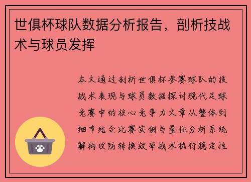 世俱杯球队数据分析报告，剖析技战术与球员发挥